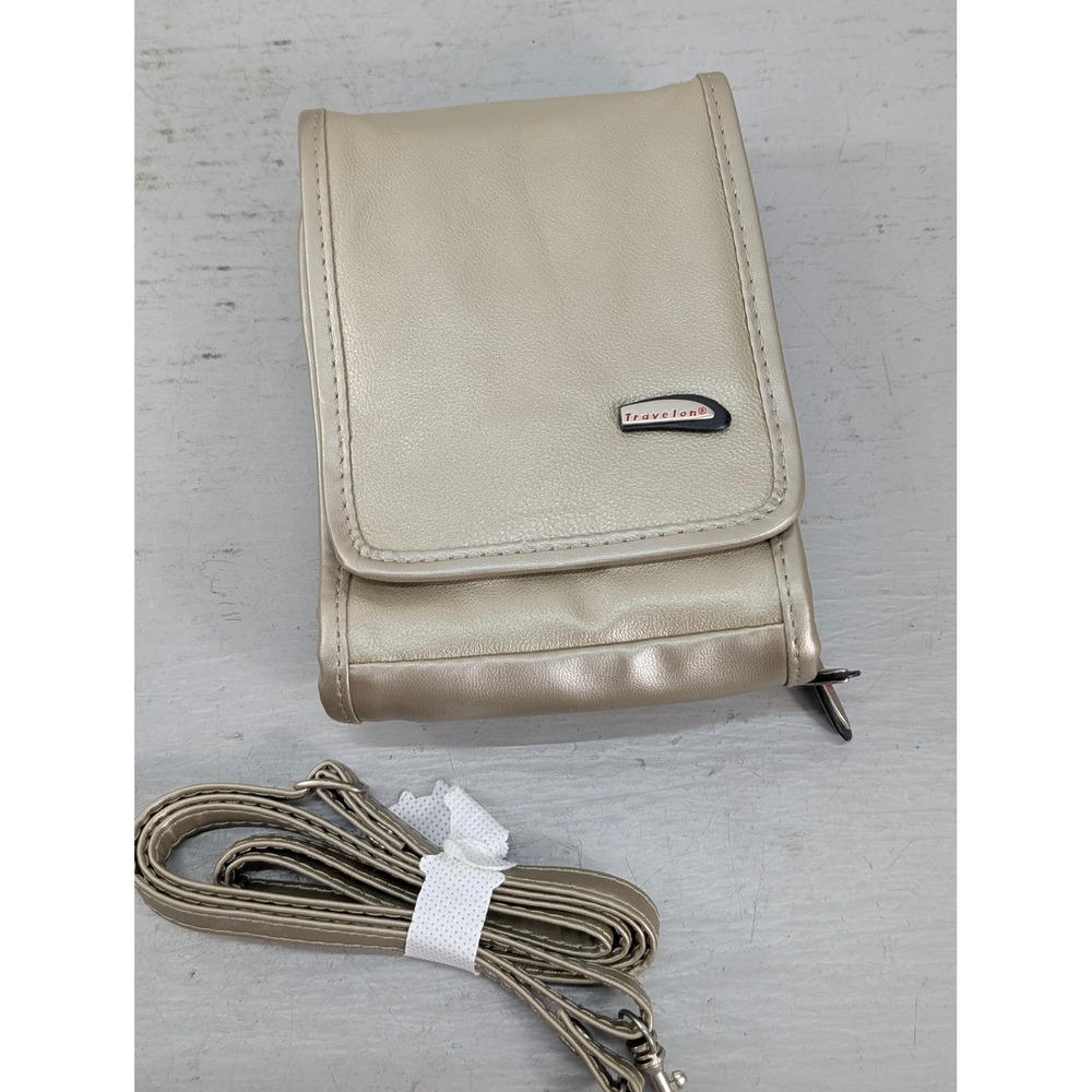 Travelon‎ Leather Crossbody Travel Bag Pink Interior Metallic Champagne Outdoor